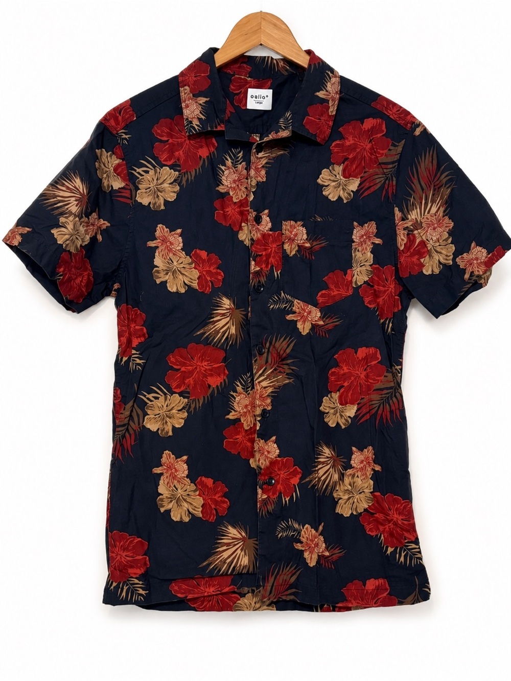 Celio Floral Hawaiian Button up Shirt Navy Red Tan Short Sleeve Men’s Size S